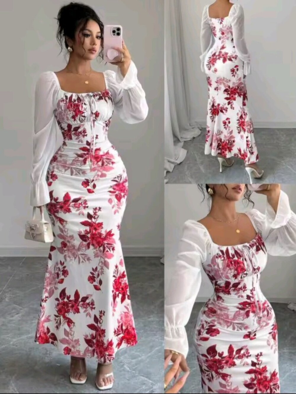 Women's Square Neck Long Sleeve Floral Print Mermaid Maxi Dress